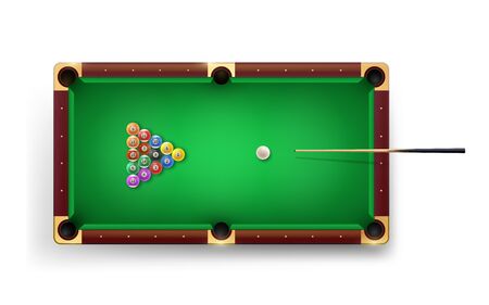 American Pool table with pool cue and glossy balls and other equipment. Vector realistic 3D detailed colorful illustration.のイラスト素材
