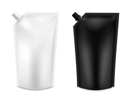 Realistic 3D White Blank Doy Pack Mock up set. Vector Doypack Template Packing with screw cap.のイラスト素材