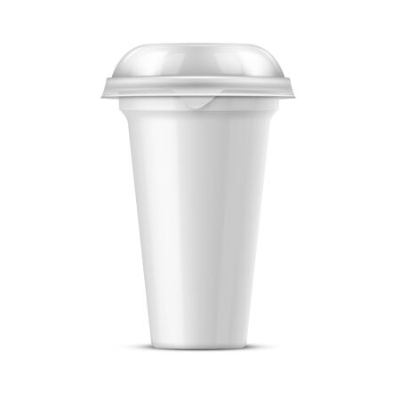 Round glossy white realistic vector pot with a lid of foil for storing yogurt, sour cream and other dairy products and dessertsのイラスト素材