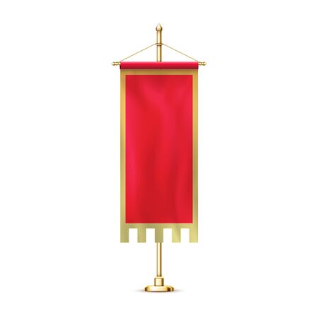 Blank red pennant flag mockup banner hanging golden rack pole realistic stylish retro illustrationのイラスト素材