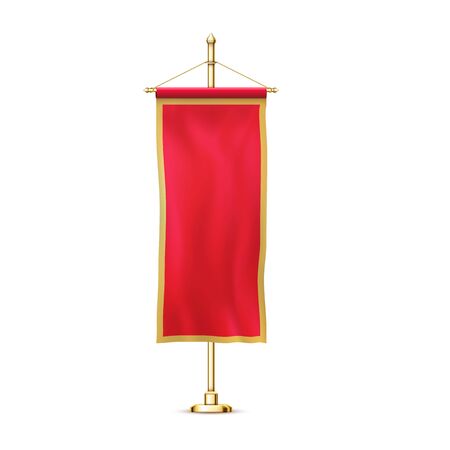 Blank red pennant flag mockup banner hanging golden rack pole realistic stylish retro illustrationのイラスト素材