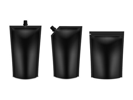 Realistic 3D Black Blank Doy Pack Mock up set. Vector Doypack Template Packing with and without screw cap.のイラスト素材