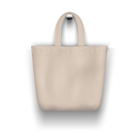 Textile beige tote bag hanging on the wall realistic vector mockup for shopping design.のイラスト素材