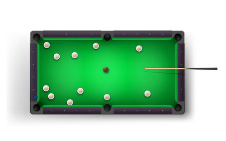 Russian pyramid table with billiard cue and glossy ivory balls and other equipment.のイラスト素材