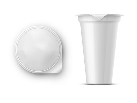 Round glossy white realistic vector pot with a lid of foil for storing yogurt, sour cream and other dairy products and dessertsのイラスト素材