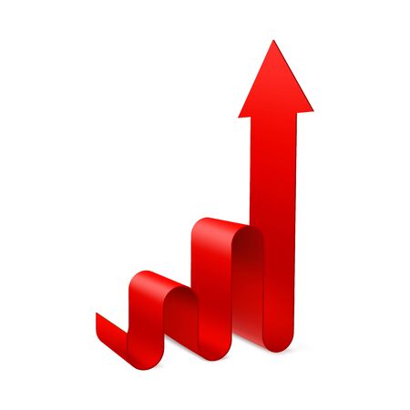 Red wavy growing 3D arrow symbol of a growing trend. Symbol of revenue growth and success.のイラスト素材