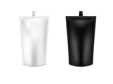 Realistic 3D White Blank Doy Pack Mock up set. Vector Doypack Template Packing with screw cap.のイラスト素材