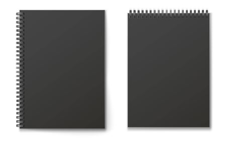 Realistic black modern vertical closed realistic spiral notepad mockup set.のイラスト素材