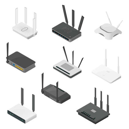 Isometric set of routers. Isometric realistic vector icons isolated on white background.のイラスト素材