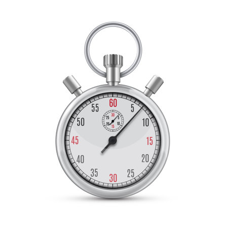 Realistic illustration of metallic chrome mechanical analog stopwatch on white background.のイラスト素材
