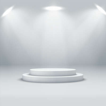 Abstract podium background. A realistic, bright interior with a round podium and spotlights.のイラスト素材