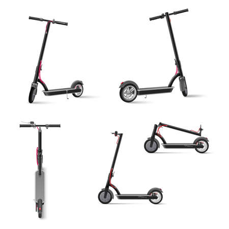 Black electric kick scooter on white background realistic vector illustration.のイラスト素材