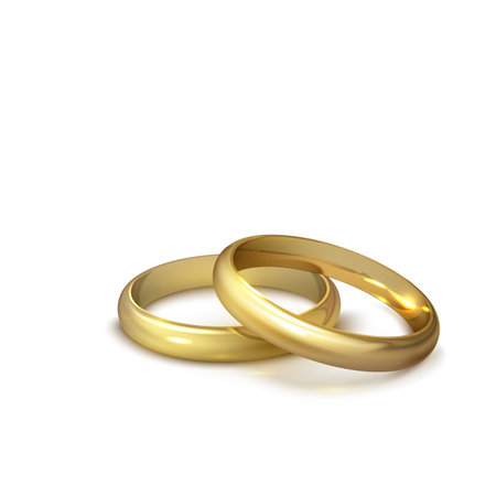 Realistic gold wedding rings isolated on white background symbol of love and marriage.のイラスト素材