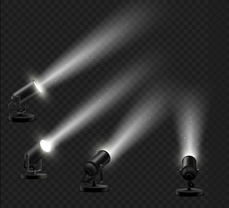 Realistic set of black floor lamps with light ray effect to decorate a showroom or showcase podium on a dark background.のイラスト素材