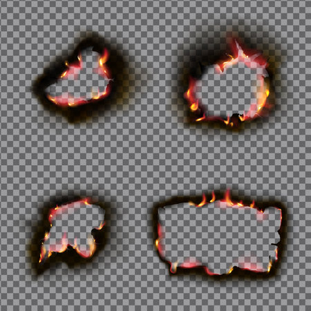 Realistic Burnt holes in paper with fire and black ash.のイラスト素材