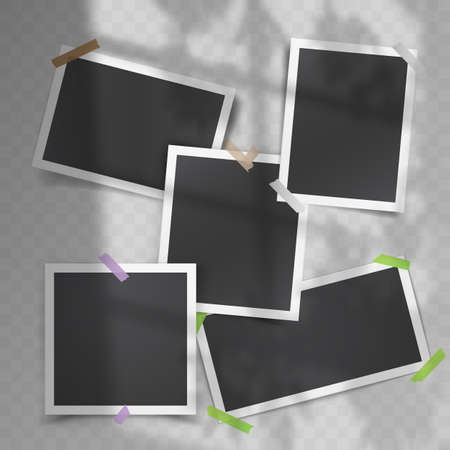 Realistic vector set of vintage photo templates with adhesive tapes shadow overlay from the windowのイラスト素材