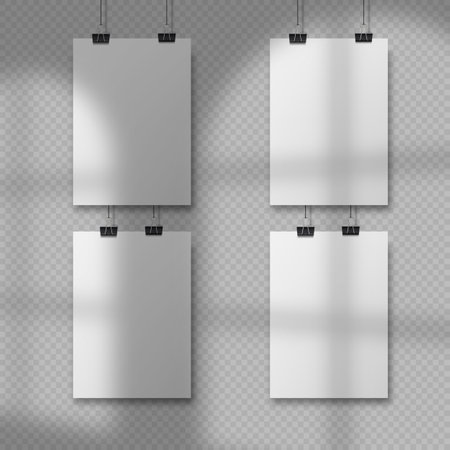 Abstract poster design with hanging papers. Hanging A4 paper poster mockupのイラスト素材