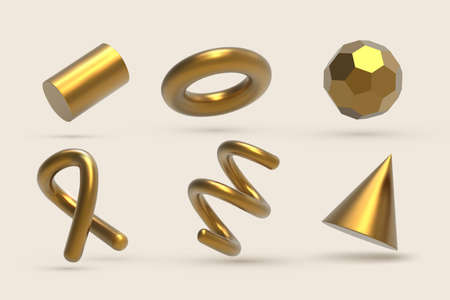 Realistic 3D Golden Geometric Shapes Objects. Realistic geometry elements isolated on white background with metallic color gradienのイラスト素材