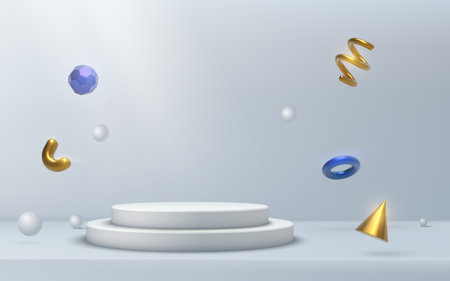 Abstract pastel blue platform, gradient background with beams of spotlights golden 3d shapes.のイラスト素材