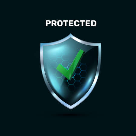 Transparent blue glass shield with force field realistic 3d icon on black background.のイラスト素材