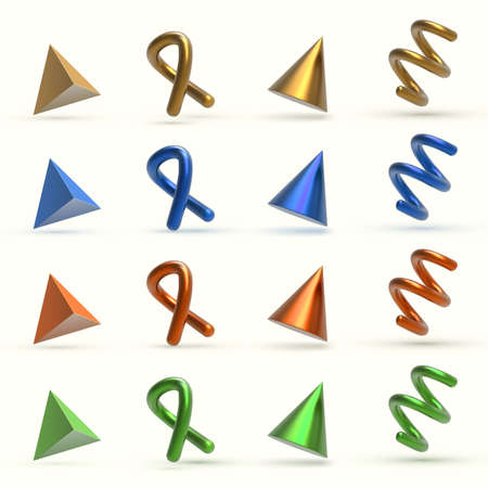 Realistic 3D colorful metal Geometric Shapes Objects. Realistic geometry elements isolated on white background with metallic color gradient.のイラスト素材