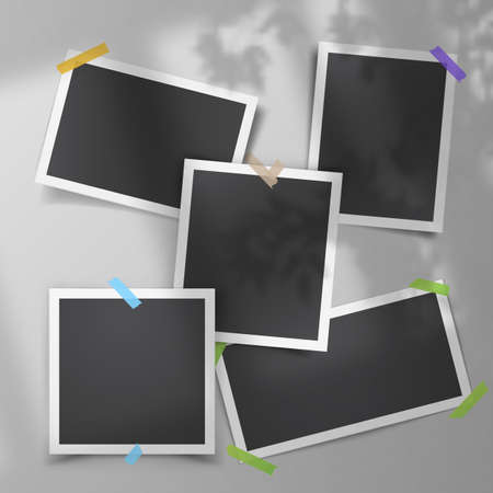 Realistic vector set of vintage photo templates with adhesive tapes shadow overlay from the windowのイラスト素材