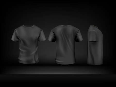 Realistic black t-shirt set on dark background. Vector mockup.のイラスト素材