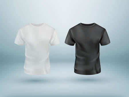 Realistic Black and white t-shirt set on blue background. Vector mockup.