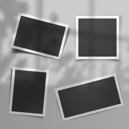 Realistic vector set of vintage photo templates with shadow overlay from the window and plants outside the windowのイラスト素材