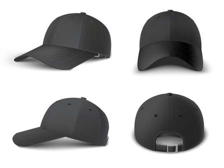 Realistic Black cap Mockup, realistic 3D. Hat blank template. Black Baseball caps, vector mockup set.のイラスト素材