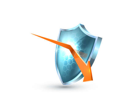 Realistic blue glass 3D guard shield icon with reflected orange Arrowのイラスト素材