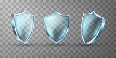 Realistic glass shield vector illustrations. Empty blank transparent blue acrylic glass panel with reflection and glow.のイラスト素材