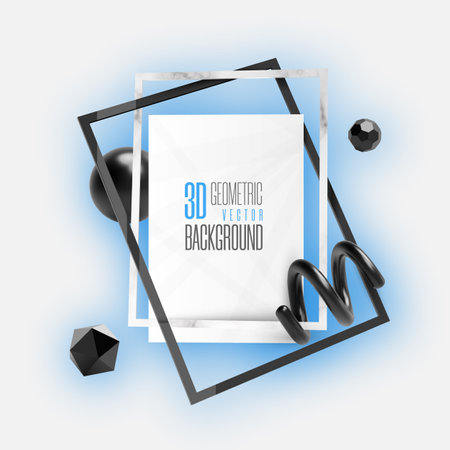 Modern abstract vector design with 3D frames and 3D geometric metallic shapes.のイラスト素材