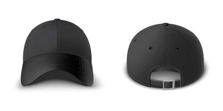 Black baseball cap set front and back view realistic vector template.のイラスト素材
