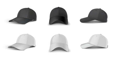 Black and white baseball cap side perspective, side, front view realistic vector template set.のイラスト素材