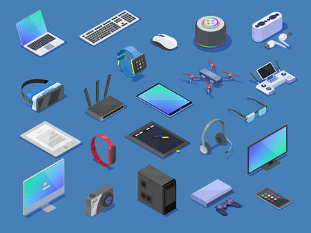 Modern wireless technologies, smart devices. Different electronic gadgets for communication playing music photo and other functions.のイラスト素材