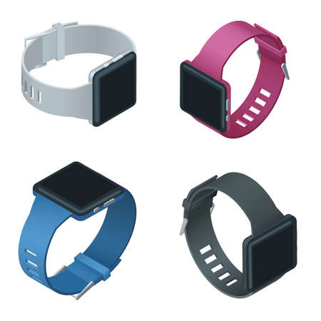 Realistic isometric illustrations of smartwatches with different colors of bracelets at different angles.のイラスト素材