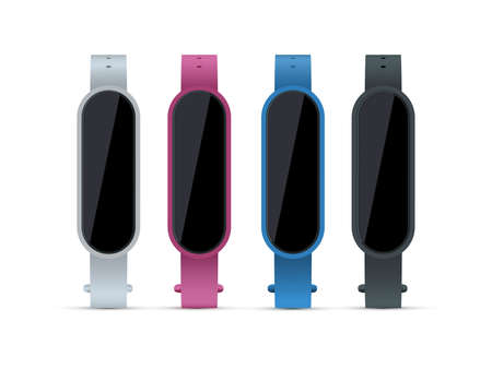 Realistic set of multi-colored fitness activity bracelets. Front view with different angles.のイラスト素材