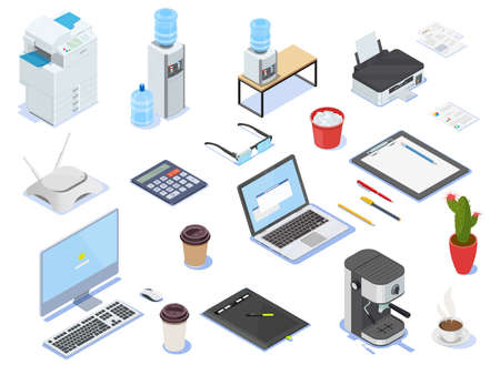 Desktop, Laptop, computer, copier printer, coffee maker water cooler.のイラスト素材