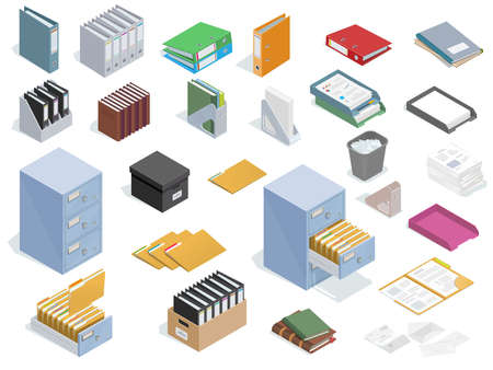 Isometric office equipment set for paperwork and archival data storage. Office stationery.のイラスト素材
