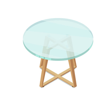 Isometric round glass table with wooden legs on a white background.のイラスト素材