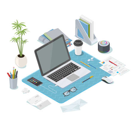 Isometric workspace with laptop documents and books and phones, plant, letters and otherのイラスト素材