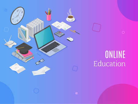 Isometric concept for distance learning. Home workspace with open laptopのイラスト素材
