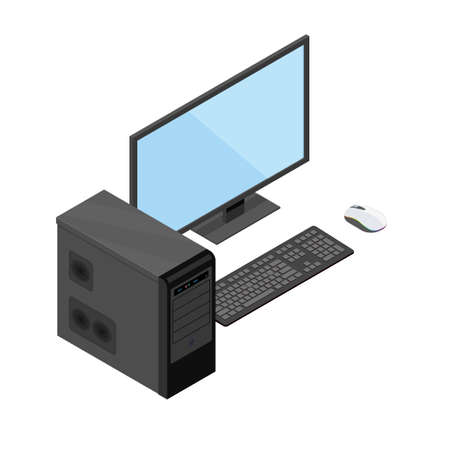 Desktop computer with monitor system unit and mouse isometric illustrationのイラスト素材