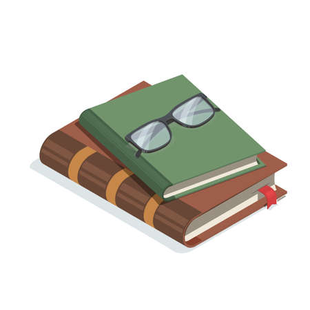 Stack of books with bookmark and folded black frame glasses on it.のイラスト素材