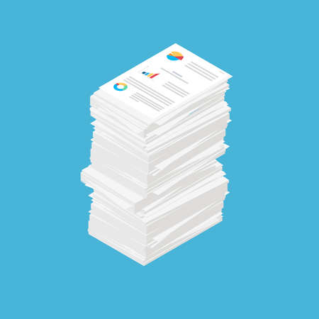 Carelessly folded stack of documents. Financial or accounting reporting. Symbol of paperwork and bureaucracy. Isometric flat illustrationのイラスト素材