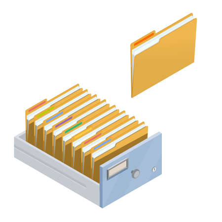 Opened Drawer with folders for files. Isometric archive. Archive documents.のイラスト素材