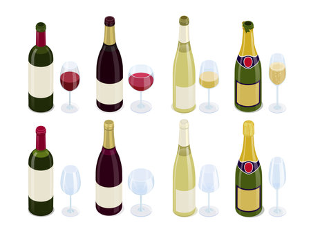 Bottles of red, white and sparkling wine and glasses under it.のイラスト素材