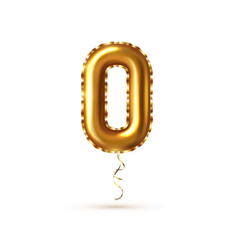 3d realistic golden balloon number zero with ribbon for decoration design.のイラスト素材