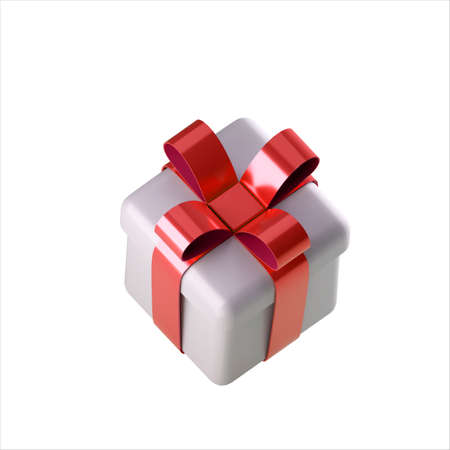 Realistic 3d white gift box with red glossy ribbon bowの写真素材